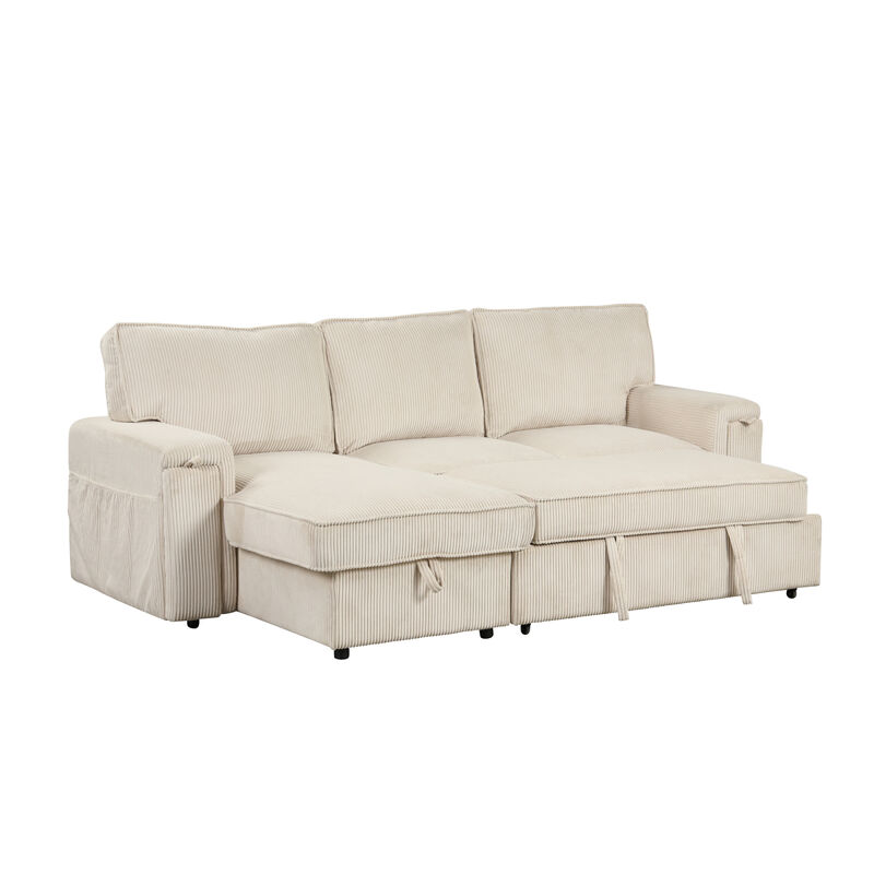 Upholstery Sleeper Sectional Sofa With Storage Bags And 2 Cup Holders On Arms
