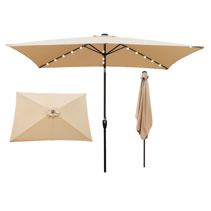 10 X 6.5FT Rectangular Patio Solar LED Lighted Outdoor Umbrellas With Crank And Push Button