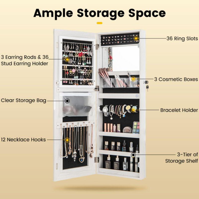Hivvago 42.5 Inches Lockable Jewelry Mirror Wall Cabinet with 3-Color LED Lights
