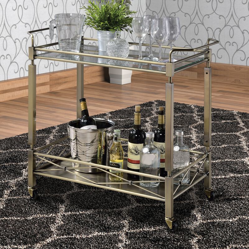 Two Tiered Metal Serving Cart with Glass Shelves and Side Rails, Antique Gold-Benzara