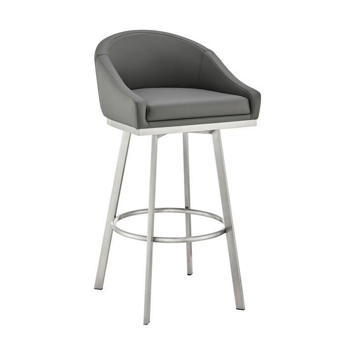 Sheryl 30 Inch Metal Swivel Bar Stool Chair, Low Back, Gray Faux Leather - Benzara
