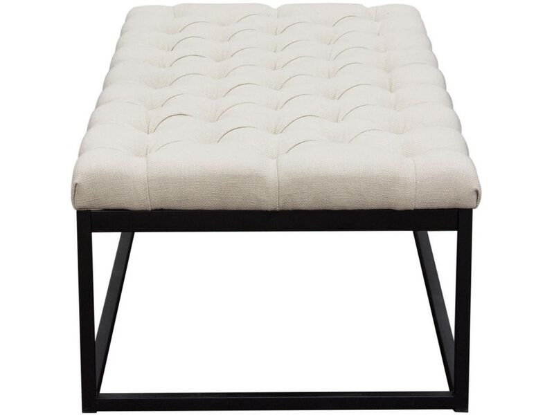 Linen Upholstered Button Tufted Bench with Open Metal Base, Large, Beige and Black - Benzara