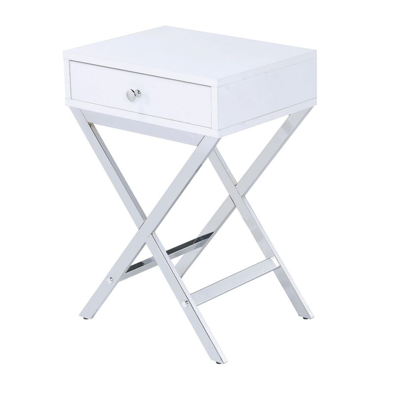 Wood and Metal Side Table with Crossed Base, White and Silver-Benzara