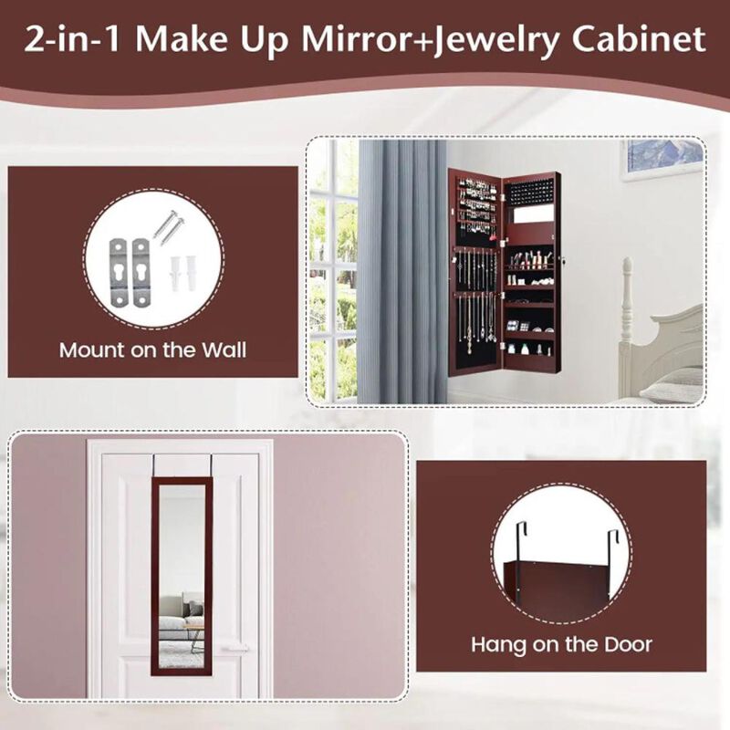 Hivvago Lockable Wall Door Mounted Mirror Jewelry Cabinet w/LED Lights