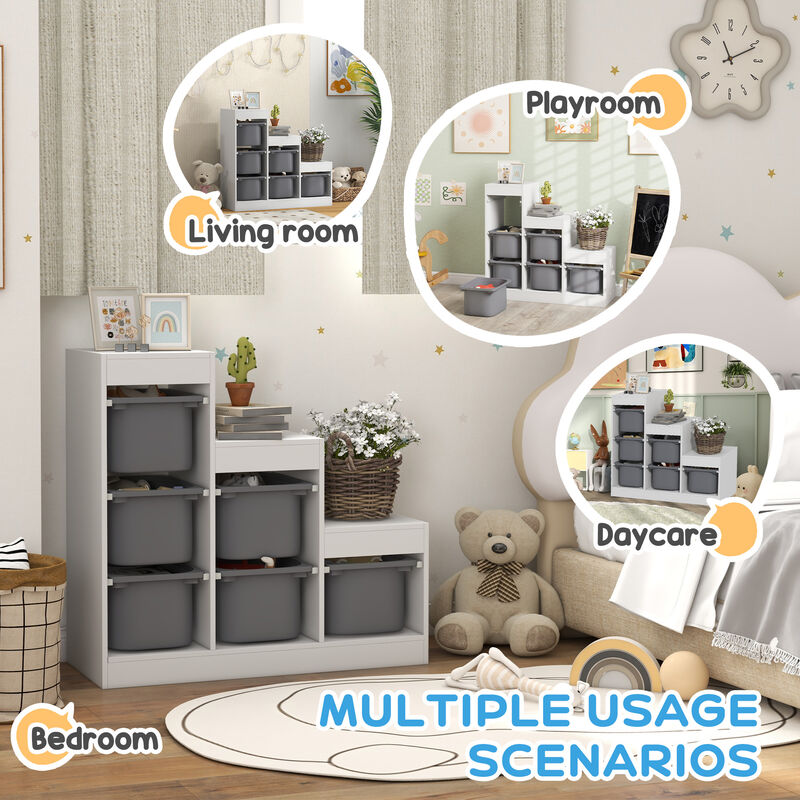 Qaba Kids Toy Storage Organizer w/ 3 Layers & 6 Storage Bins, Gray