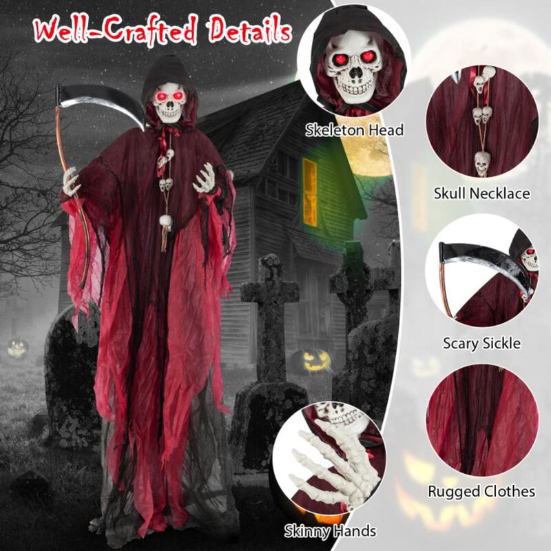Hivvago 8 Feet Halloween Standing Grim Reaper with Terrifying Sounds and Lighted Eyes
