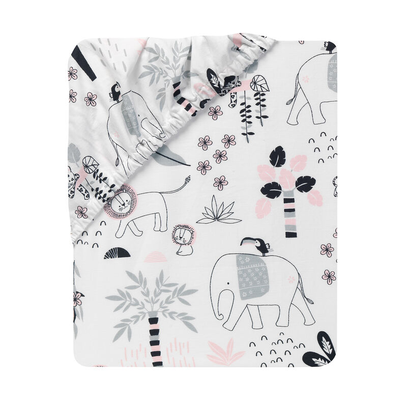 Lambs & Ivy Happy Jungle 100% Cotton Safari Animals Fitted Crib Sheet - White