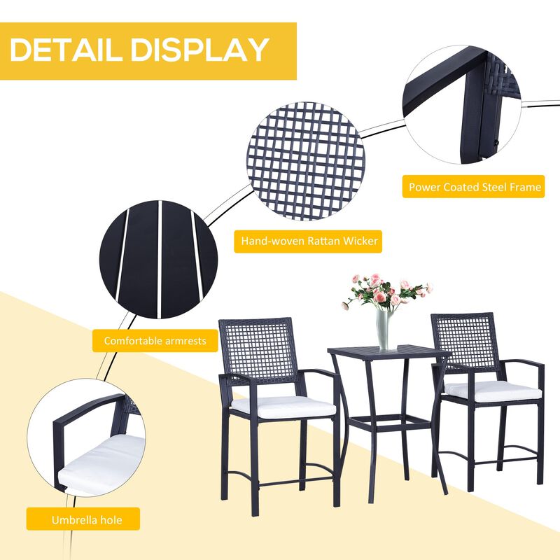 Rattan Alfresco Bar: 3-Piece Wicker Patio Set with Cushions for Backyard