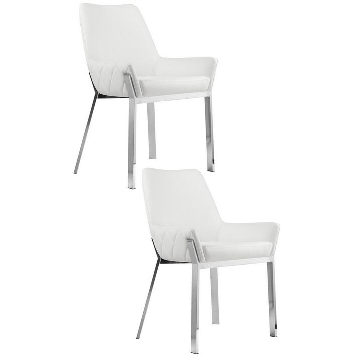 Fuma 23 Inch Set of 2 Dining Chairs, Foam Fill, White Faux Leather, Silver - Benzara