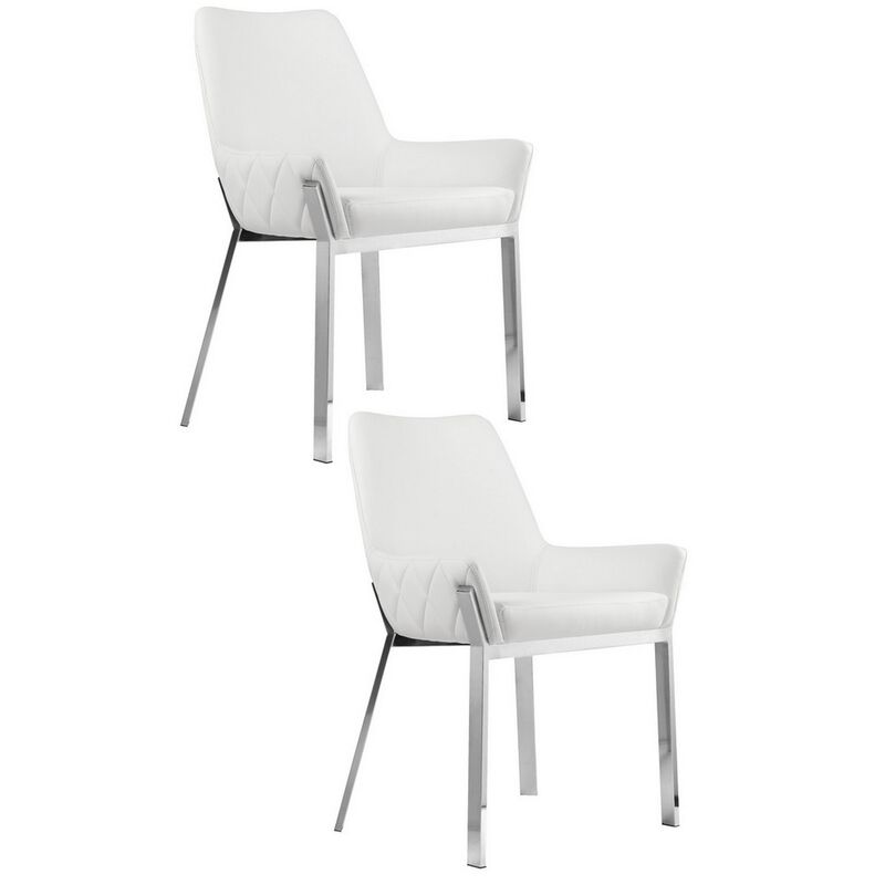 Fuma 23 Inch Set of 2 Dining Chairs, Foam Fill, White Faux Leather, Silver - Benzara