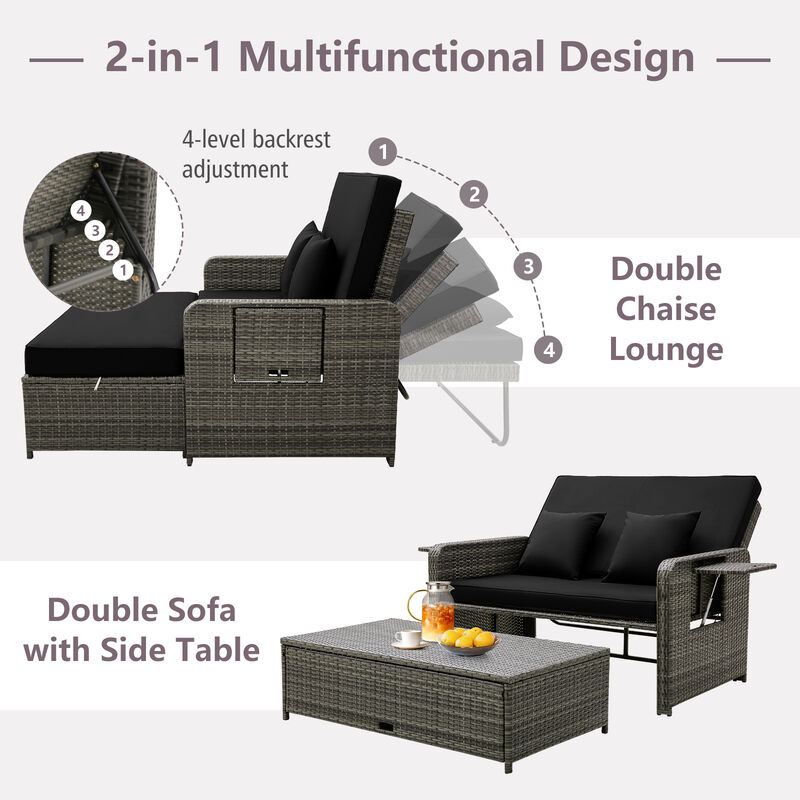 Wicker Loveseat Sofa with Multipurpose Ottoman and Retractable Side Tray