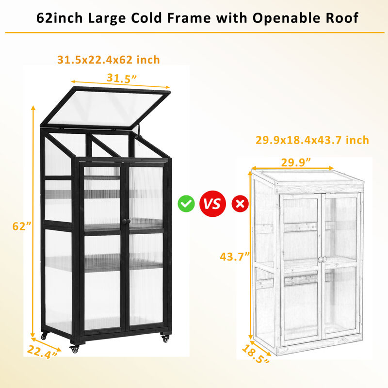 62" Height Wood Largehouse Balcony Portable Cold Frame With Wheels And Adjustable Shelves