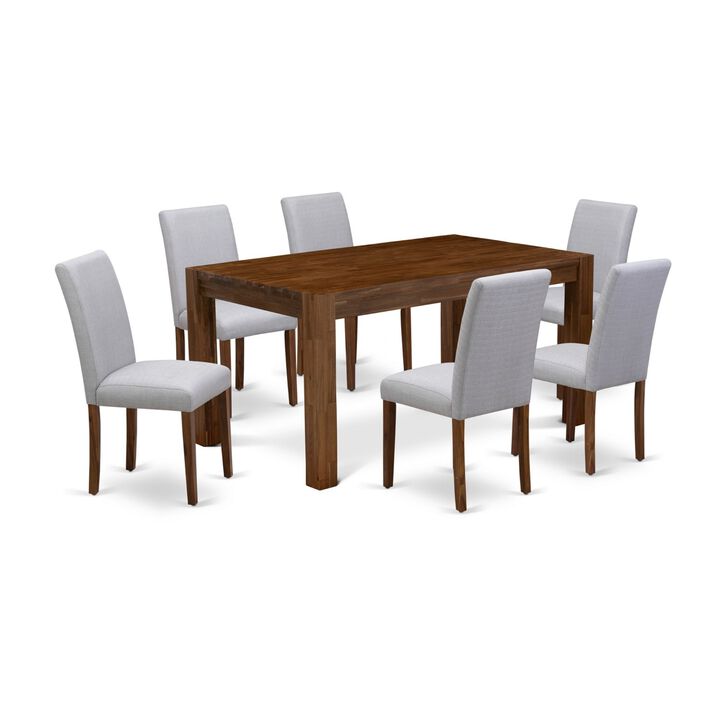 East West Furniture CNAB7-N8-05 - 7-Pc Modern Dining Set- 6 Parson Dining Chairs and Modern Kitchen Table - Grey Linen Fabric Seat and High Chair Back (Antique Walnut Finish)