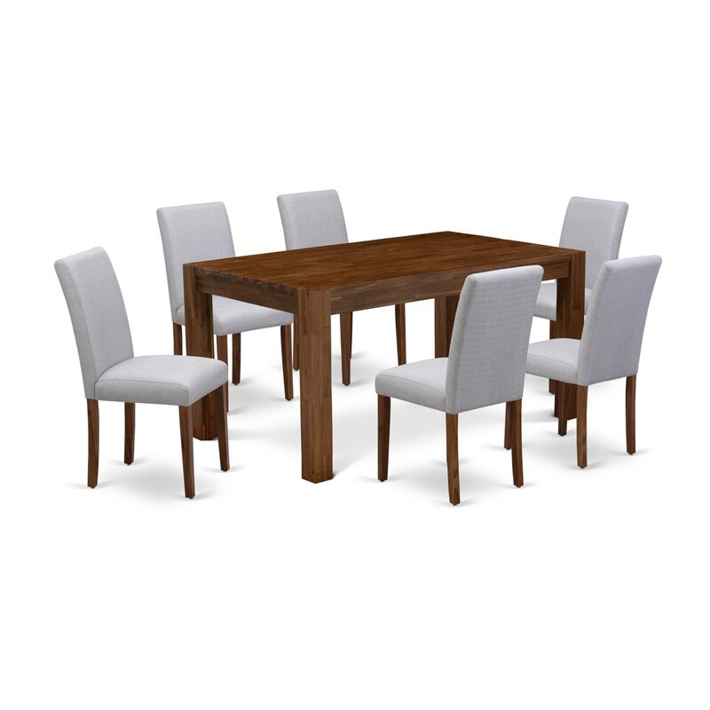 East West Furniture CNAB7-N8-05 - 7-Pc Modern Dining Set- 6 Parson Dining Chairs and Modern Kitchen Table - Grey Linen Fabric Seat and High Chair Back (Antique Walnut Finish)