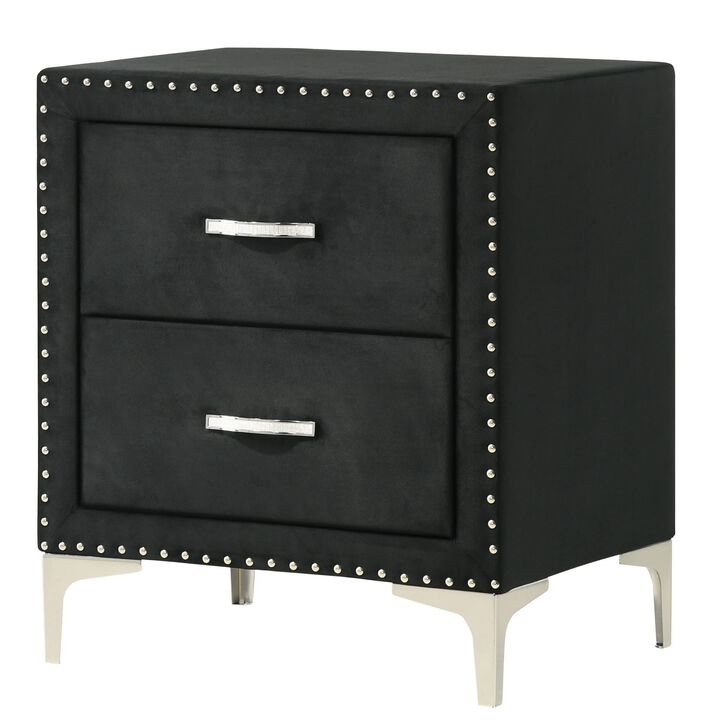 Moha 28 Inch Nightstand, Wood, 2 Drawers, Metal Handles, Black Velvet - Benzara