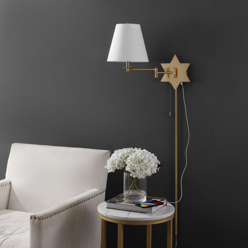 David Modern French Country Swing Arm Plug-In or Hardwired Iron LED Star Wall Sconce with Pull-Chain and USB Charging Port