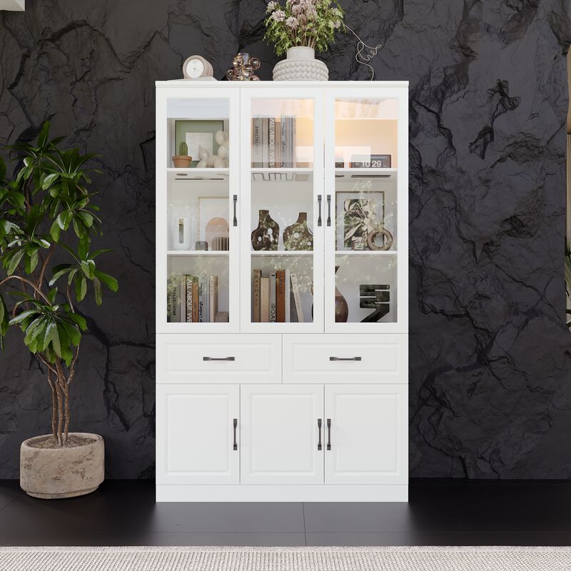 FUFU&GAGA Bookcase with Glass Doors, Drawers, and Storage Cabinets (47.2" W x 15.7" D x 78.7" H) White