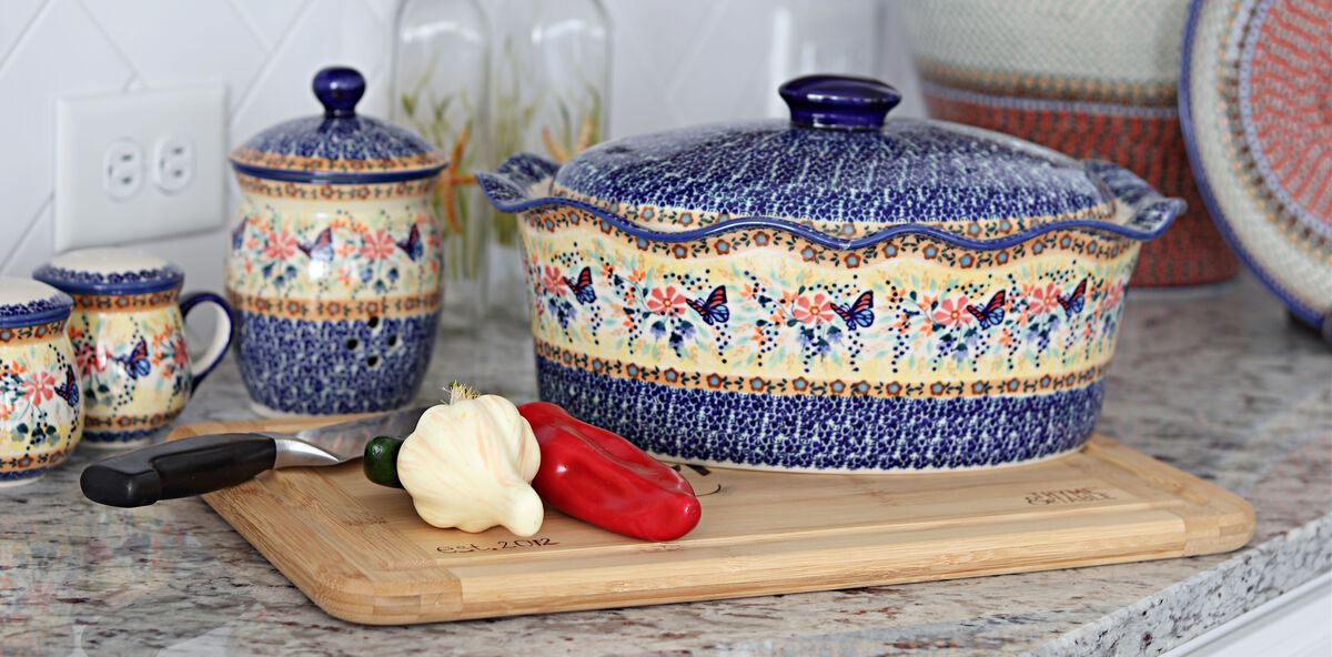 Blue Rose Polish Pottery Tulip Large Oval Baker with Lid