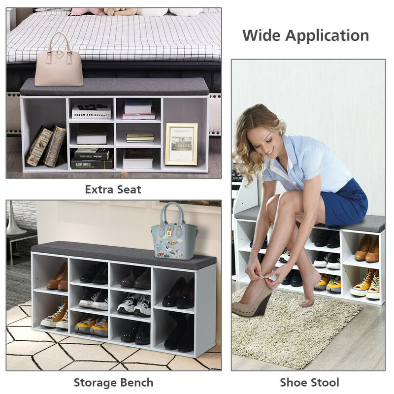 10-Cube Organizer Shoe Storage Bench with Cushion for Entryway