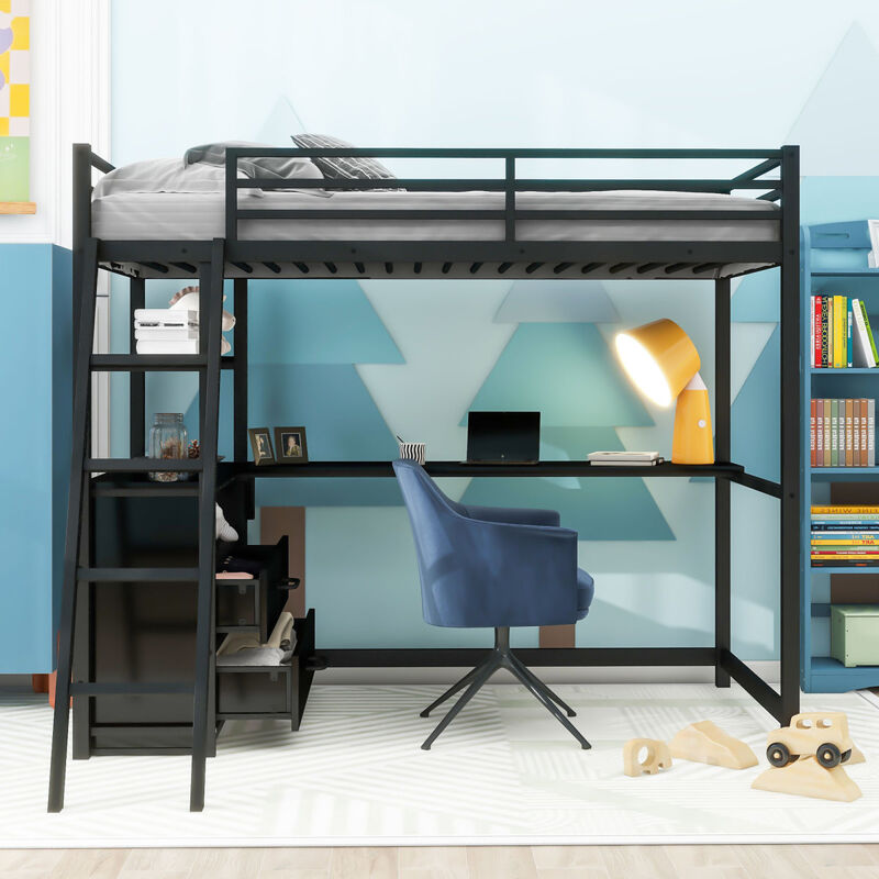 Twin Size Metal&Wood Loft Bed With Desk And Shelves, Two Built-In Drawers