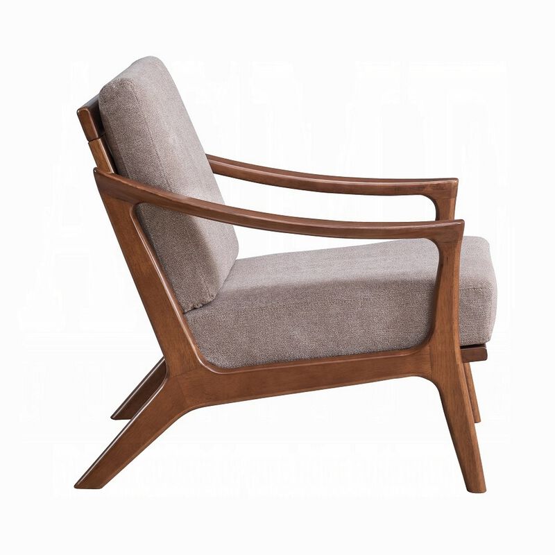 Liama Accent Chair, Light Brown Fabric, Soft Cushioning, Brown Wood - Benzara
