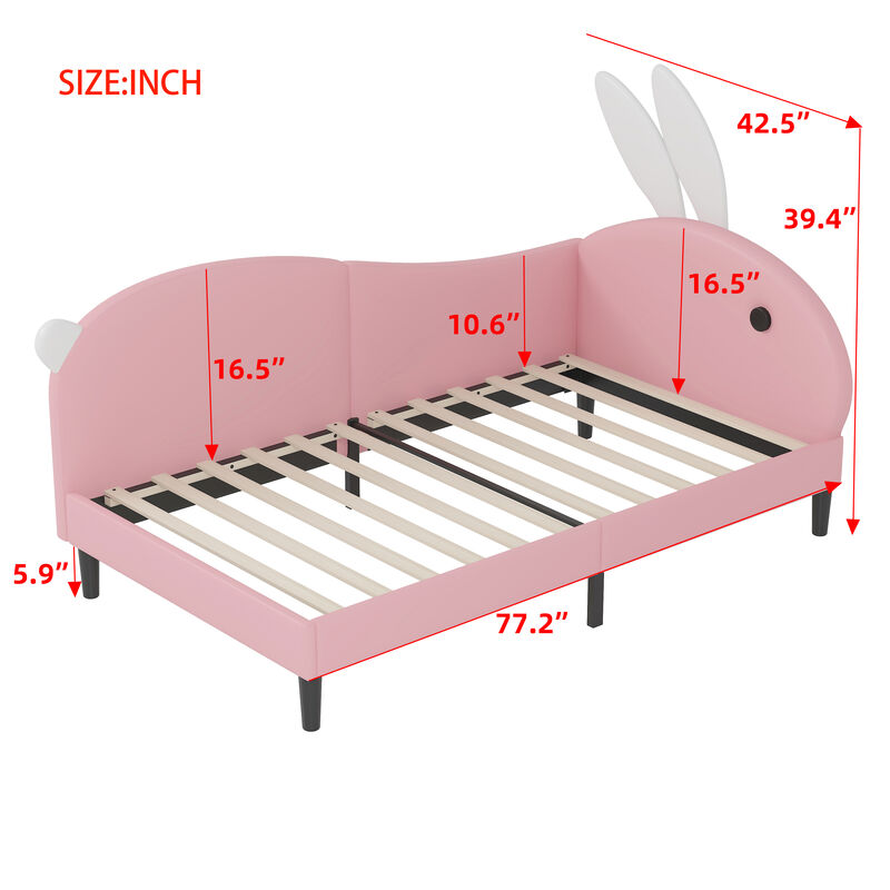 Twin size Upholstered Rabbit-Shape Daybed, Sofabed with Rabbit Ear Headboard, Pink