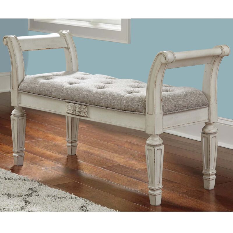46 Inches Tufted Fabric Padded Wooden Accent Bench, Antique White-Benzara