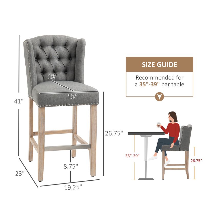 Counter Height Bar Stools Set of 2, Upholstered 26.75" Seat Height Barstools, Breakfast Chairs with Nailhead-Trim, Tufted Back and Wood Legs