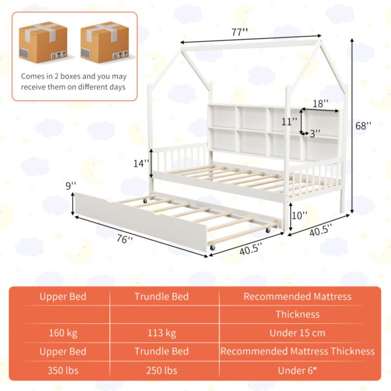 Hivvago Twin Size Kids Montessori Daybed with Roof and Shelf Compartments-White
