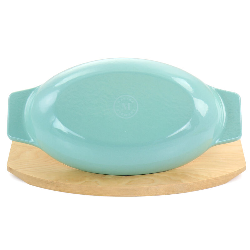 Martha Stewart 2 Piece Enameled Cast Iron Oval Casserole Birch Wood Trivet Set in Aqua