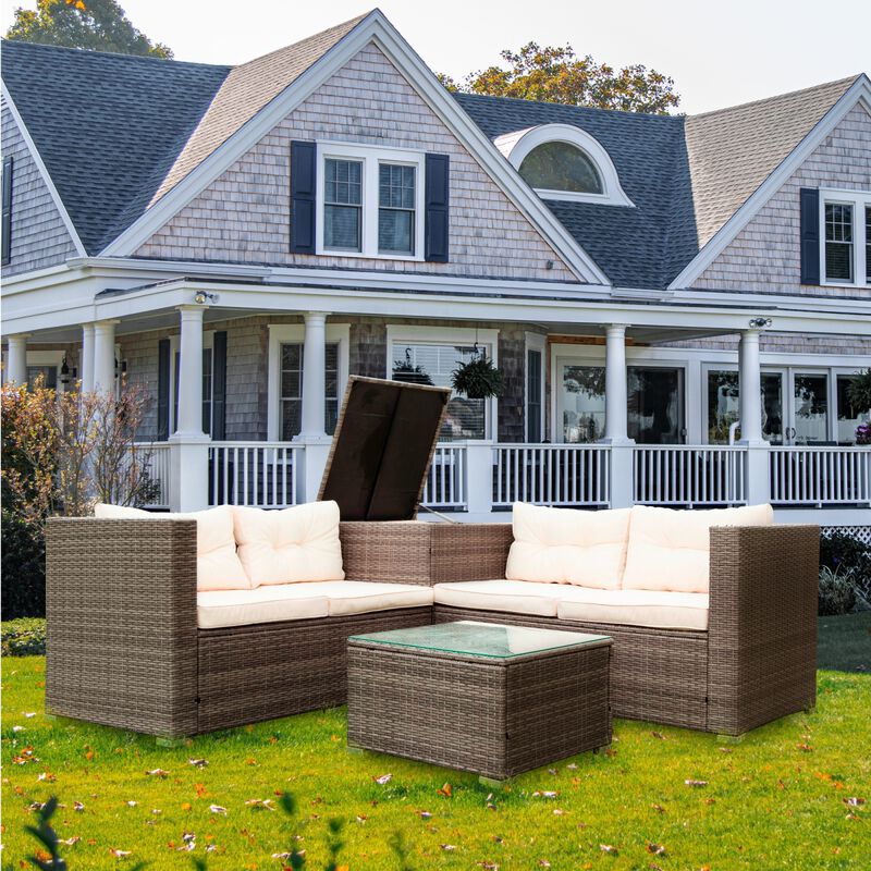 4 Piece Patio Sectional Wicker Rattan Outdoor Furniture Sofa Set With Storage Box