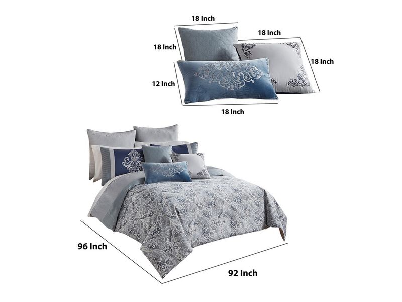 9 Piece Queen Polyester Comforter Set with Damask Prints, Blue and Gray - Benzara