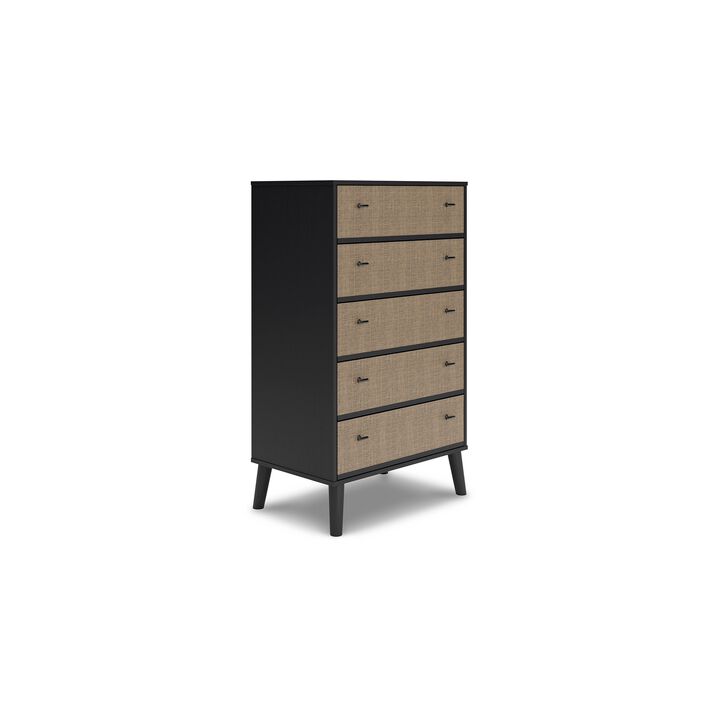 Hwan Tall Dresser Chest with 5 Drawers, Splayed Legs, Matte Black Wood - Benzara