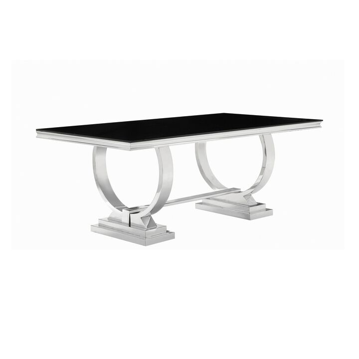 Dining Table with Glass Top and Trestle Base, Black and Chrome - Benzara