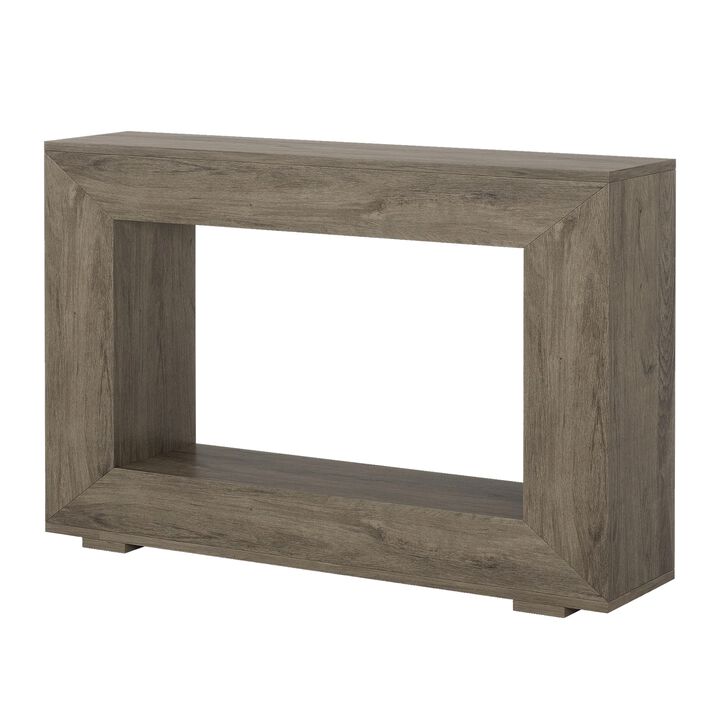 Evan Console Table, 47 Inch Rectangular Top, Rustic Gray, Open Shelf - Benzara