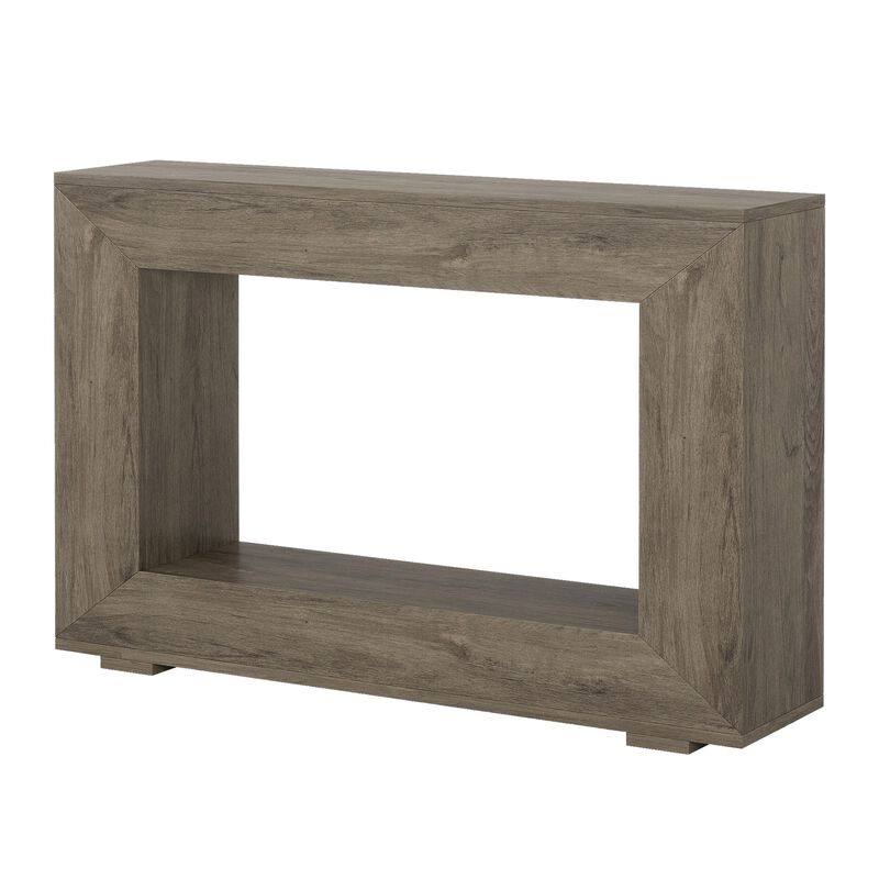 Evan Console Table, 47 Inch Rectangular Top, Rustic Gray, Open Shelf - Benzara