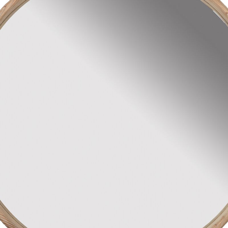 28 Inch Round Wall Mount Accent Mirror, Natural Fir Wood with Subtle Grains-Benzara