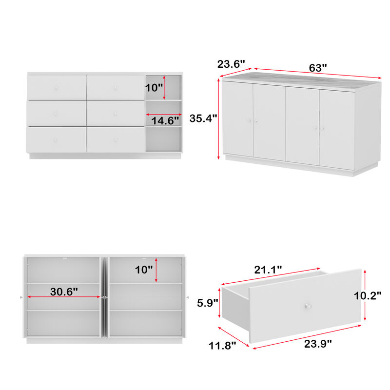 FUFU&GAGA White and Marble Pattern Storage Cabinet with Drawers and Shelves, P2 PB & Melamine Construction (63" W x 23.6" H x 35.4" D), White