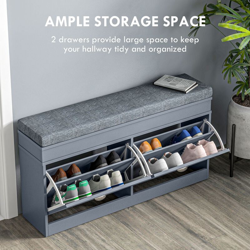 Gray Entryway Shoe Bench: 2 Drawers, Cushion, 8-Pair Capacity