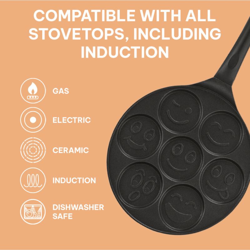 Kitchenfun Blini Nonstick Mini Pancake Maker - Cast Aluminum Non Toxic Crepe Maker, PFAS Free, Non Stick Frying Pans, Cooking Pan Set for 7 Smiley Small Pancakes, Nonstick Pan, Egg Pan, and Flapjacks