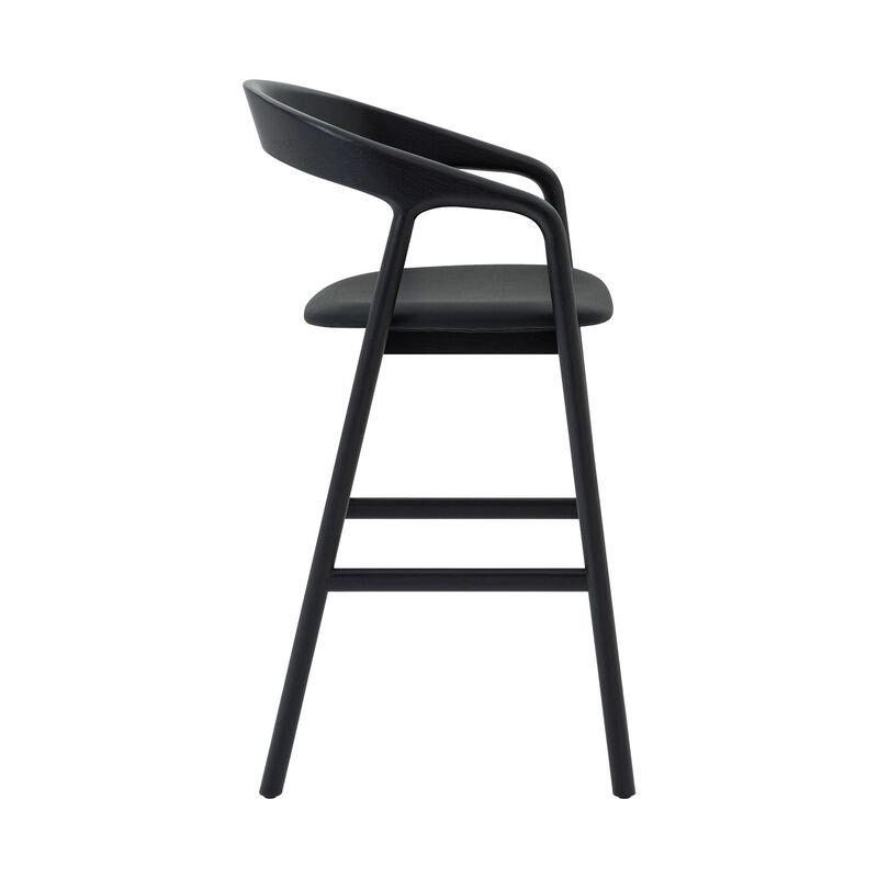 Agas Bar Stool Chair, Curved Back, Faux Leather Upholstery, Black Oak Wood - Benzara