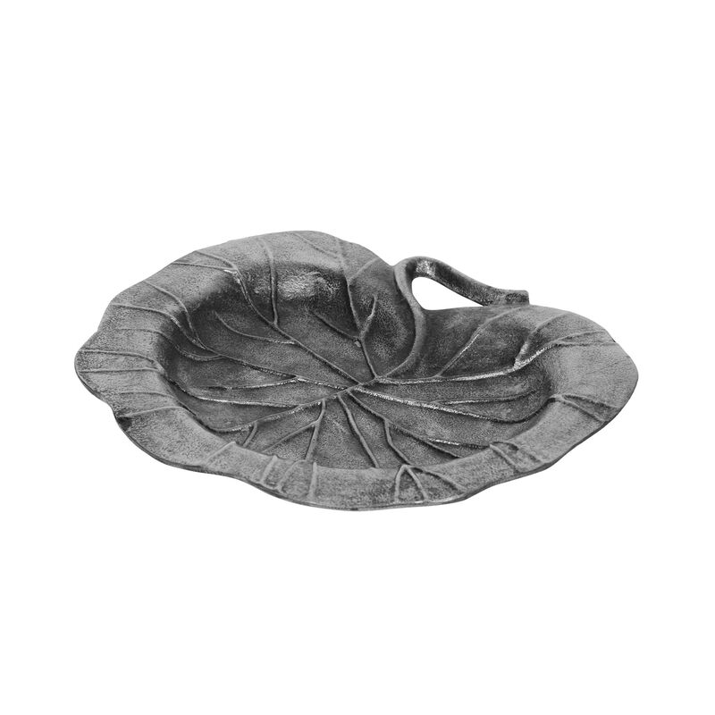 Decorative Leaf Plate, 12 Inch Textured Floral, Dark Gray Aluminium - Benzara