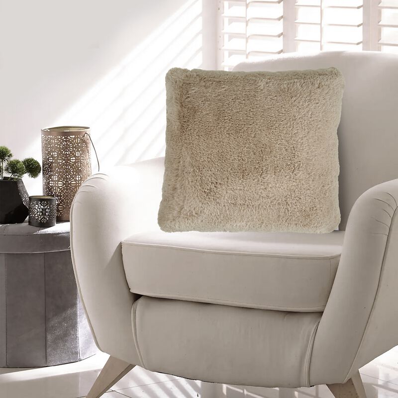 Difi Throw Pillow Set of 4, 20 Inch, Faux Rabbit Fur Face, Taupe Polyester -