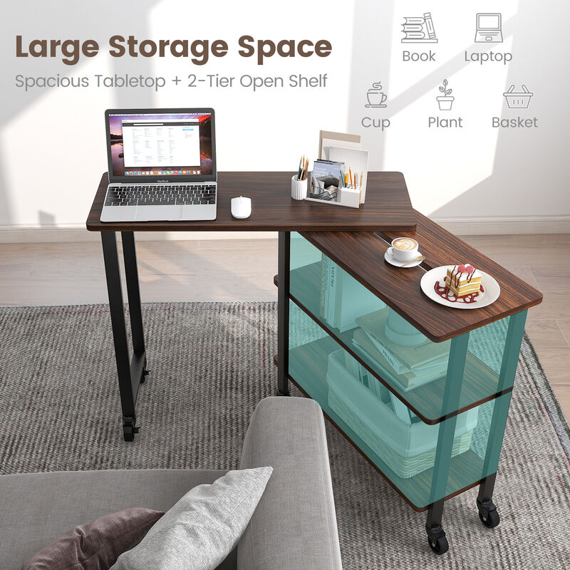 360� Rotating Sofa Side Table with Storage Shelves and Wheels