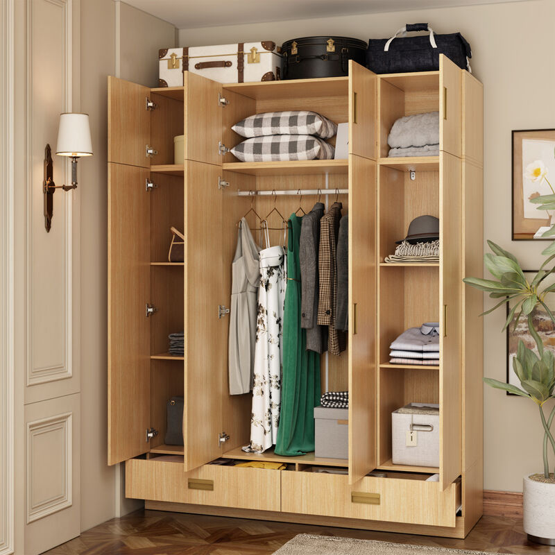 FUFU&GAGA Natural Wood 4-Door Wardrobe, MDF & Rubberwood Construction (63" W x 66.9" H x 18.1" D), Natural Wood Finish