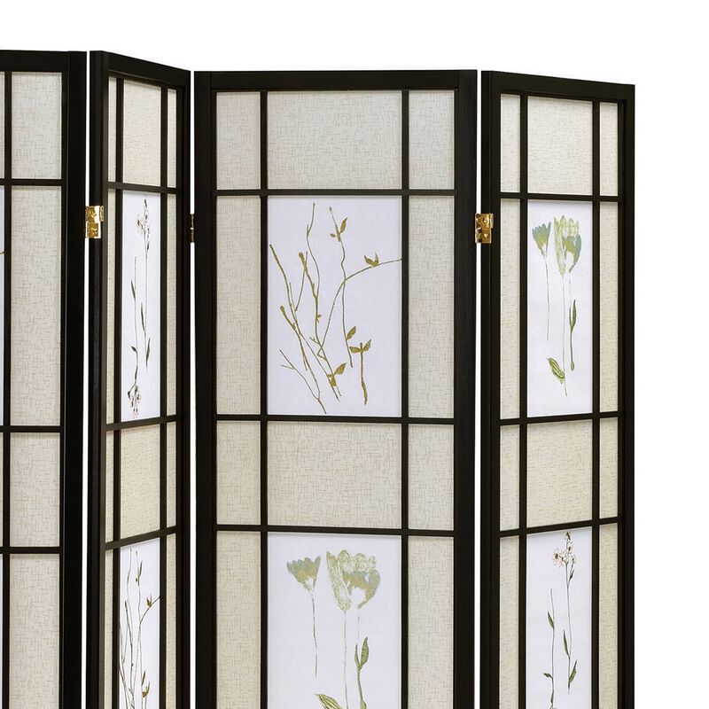 4 Panel Screen with Floral Print Detailing and Wooden Frame, Black-Benzara