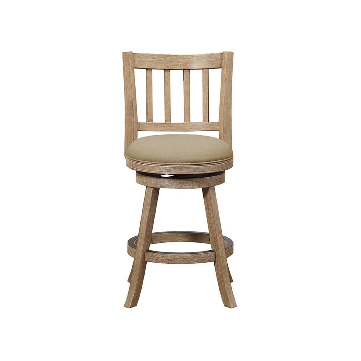 Adam 24 Inch Solid Wood Swivel Counter Stool, Slatted Back, Oat Brown-Benzara