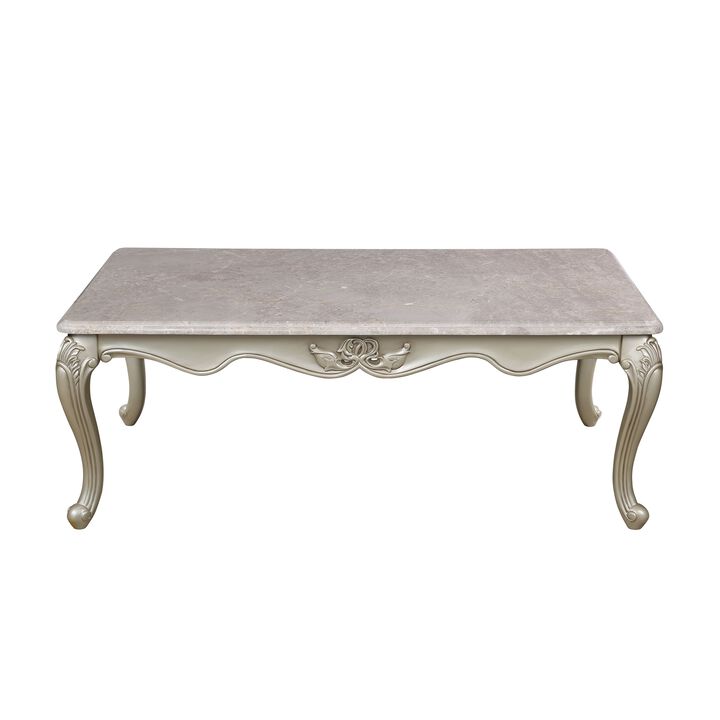 Kerra Cocktail Coffee Table, Beige Marble, Carved Champagne 54 Inch - Benzara
