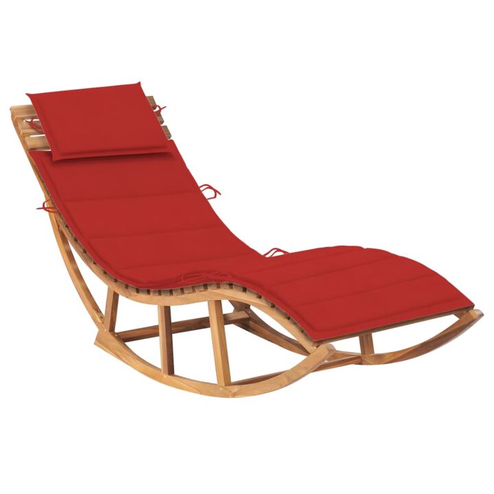 vidaXL Rocking Sun Lounger with Cushion - Solid Teak Wood - Weather Resistant - Suitable for Outdoor Use - Pool, Patio, Garden Furniture - Includes 100% Polyester Red Cushion