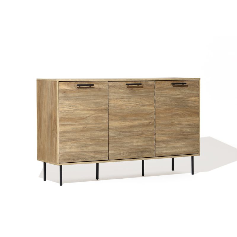 LuxenHome Mid-Century Modern Wave 3-Door 55.1-Inch Wide Kitchen Sideboard Cabinet with Metal Legs